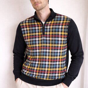 Men's Large Paul Fredrick Long Sleeve Knit Polo Sweater Black w/ Tartan Plaid